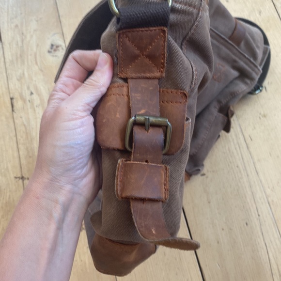 Augar Strauss co canvas leather messenger bag utility pockets zipper brown - Picture 4 of 13